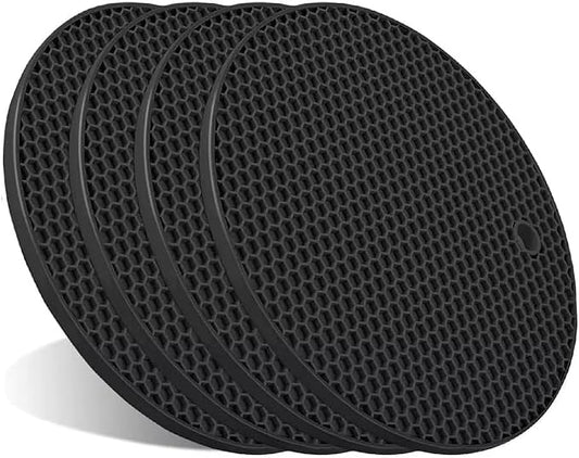 Silicone Trivet Mats, 4-Pack Heat Resistant Pot Holders – Non-Slip Flexible Silicone Hot Pads for Pots, Pans, Countertops & Table Protection (Black - 4 Pack, 7 Inch)