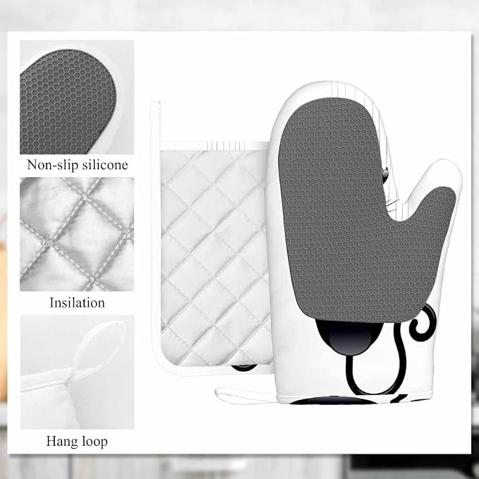 Mxocom Funny Cat Oven Mitt and Pot Holder with Silicone Black Cat Cartoon Scratching Wall Heat Resistant Kitchen for Cooking BBQ Baking Grilling Spring/Summer