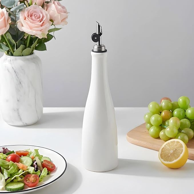 YOLIFE Olive Oil Dispenser Bottle, 17oz/500ml Ceramic Oil Bottle (White) | Oil Dispenser with Gravity Spout, Leak Proof EVOO Dispensing Bottle with 2 Spouts and 1 Funnel for Vinegar, Kitchen
