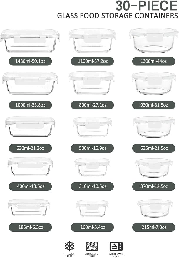 M MCIRCO 30 Piece Extra Large Glass Food Storage Containers with Lids | Glass Meal Prep Containers,Airtight Lunch Containers with Lids, Microwave, Oven, Freezer and Dishwasher, BPA Free, White