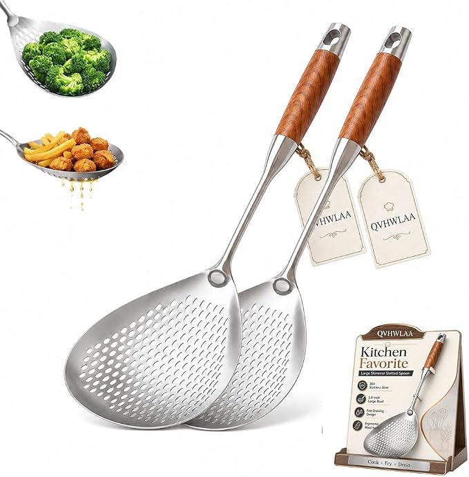 Wooden Handle Stainless Steel Skimmer, 16.8 Inch Metal Slotted Frying Spoon Spider Strainer for Deep Frying, Deep Fryer Scoop Ladle Kitchen Cooking Colander with Walnut Wood Handle(2pc)