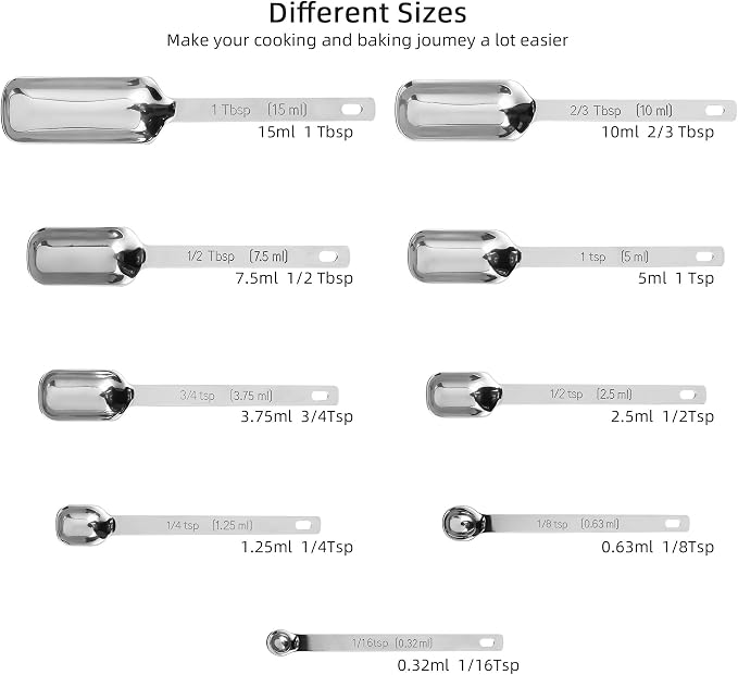 Measuring Cups and Spoons Set 17, Metric & US 18/8 Stainless Steel Measuring Cups and Spoons Set for Baking & Kitchen, Dry & Liquid Metal Measure Cup and Long Handle Spoons for Spice Jar
