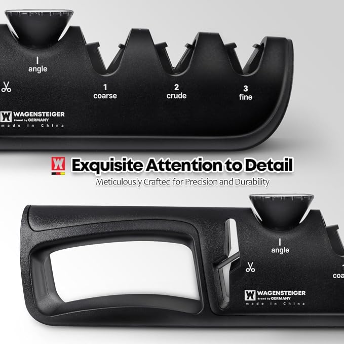 Wagensteiger Handheld Knife & Scissors Sharpener with Adjustable Sharpening Angle Controller, Sharpens Kitchen Knives & Pocket Knife, Non-Slip Bottom Pad (Tungsten + Emery + Ceramic + Scissors Slot)