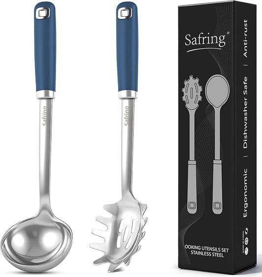 Safring Stainless Steel Soup Ladle and Spaghetti Spoon Set, Heat Resistant Rubber Handle, Dishwasher Safe, Kitchen Utensils for Cooking, Stirring, Serving Pasta, Soup & Sauce (Blue)
