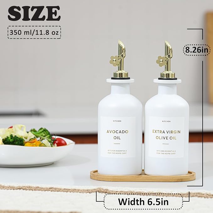 HOMCDALY Olive Oil Dispenser for Kitchen, 12oz Glass kitchen Dispenser Bottle, Gold Oil&Vinegar Cruet Set, Leakproof Oil Containers for Cooking| Set of 2 (12oz – Gold)