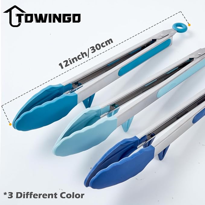 12" Kitchen Tongs, 3Pcs Tongs for Cooking with Silicone Tips, Food Grade Small Silicone Tongs, Mini Serving Tongs for BBQ Salad(Gradient Blue)