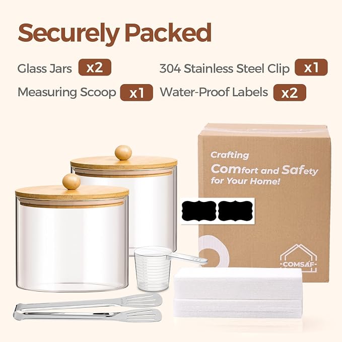 ComSaf Glass Storage Jars with Bamboo Lids 1.8 Qt 2 Pack Large Round | Flour Sugar Coffee Beans, Pasta Cereal Dry Food, Large Capacity, Kitchen Storage, Cabinet Organization,Clips included