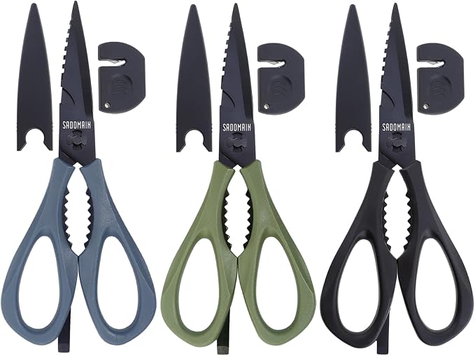 3-pack Kitchen Scissors All Purpose, Heavy Duty Kitchen Shears with Sheath & Sharpener, Sharp Safety herb scissor, Dishwasher Safe Shears for Food, No Rust Titanium Scissors for Office