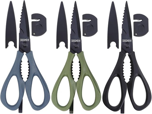 3-pack Kitchen Scissors All Purpose, Heavy Duty Kitchen Shears with Sheath & Sharpener, Sharp Safety herb scissor, Dishwasher Safe Shears for Food, No Rust Titanium Scissors for Office