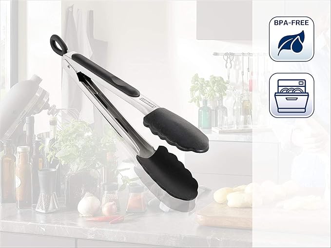 Leifheit Stainless Steel Grill & Kitchen Tongs with Silicone Covers, Silver, Black, 28.5cm x 4.2cm, 1pc