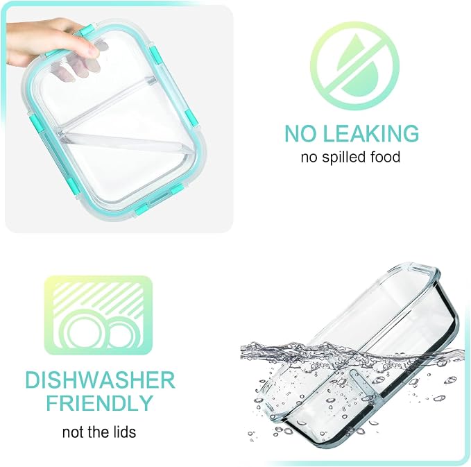 M MCIRCO 5 Pack,36 oz, 2 Compartments Glass Meal Prep Containers with Lids | Divided Glass Food Storage Containers, Portion Control Lunch Containers, Microwave, Oven, Freezer, Dishwasher, Green