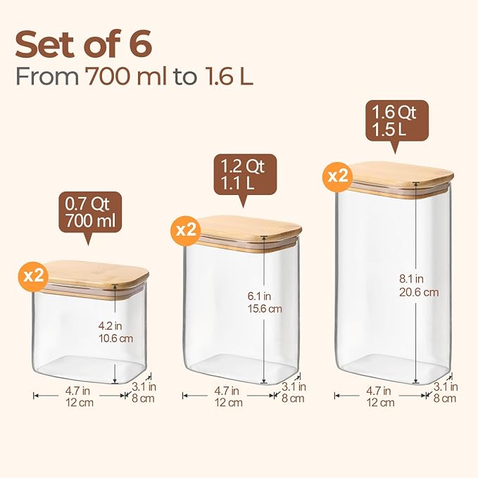 ComSaf Glass Pantry Storage Containers (0.7qt/1.2qt/1.6qt) Set of 6 Jars | Glass Storage Containers With Lids, Rectangle Glass Canisters With Airtight Lids For Kitchen, Spices, Tea, Coffee, BPA Free