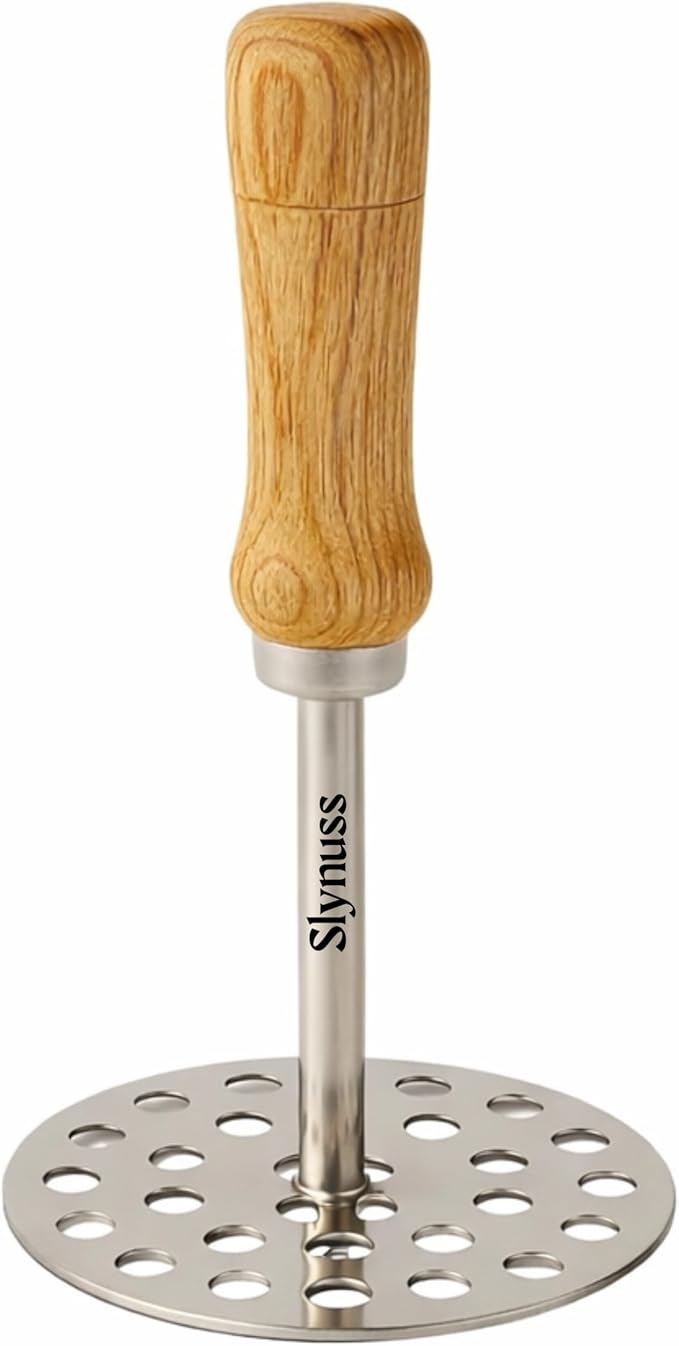 Slynuss ® | Potato Masher Stainless Steel | Pav Bhaji Smasher for Kitchen with Wooden Handle | Potato Smasher | kitchen utilities | Pack of 1| (Round-Size-3), 8.5 CM