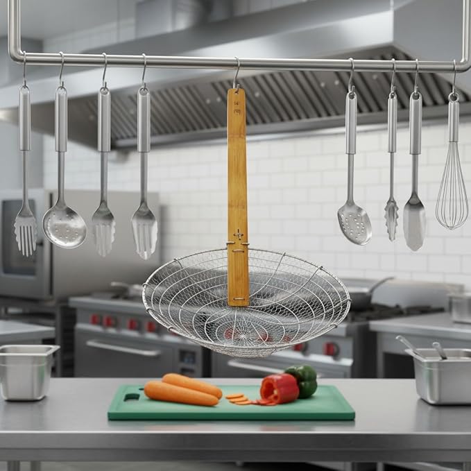 TrueCraftware- 14” Galvanized Steel Fine Mesh Skimmer with Natural Bamboo Handle- Spider Strainer Ladle Kitchen Frying Food Pasta Spaghetti for Cooking and Frying Pasta Strainer Spoon