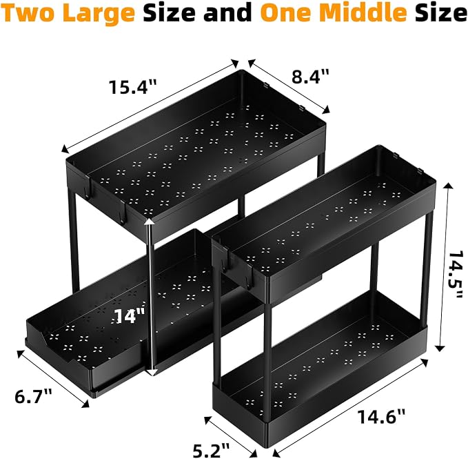 Simple Trending Under Sink Organizer 3 Pack, with Sliding Drawer, Black | 2 Tier Multi-Purpose Pull-Out Cabinet Organizer, Slide Out Storage Shelf for Kitchen Bathroom, Large Capacity, Easy Assembly
