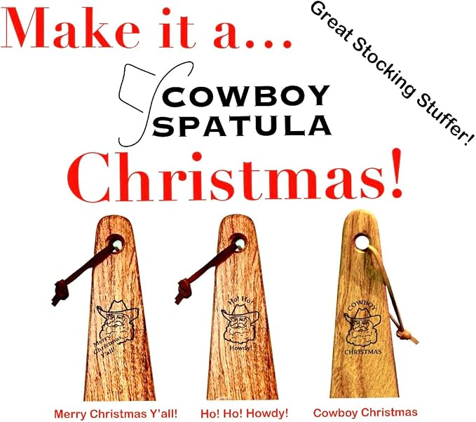 COWBOY SPATULA - Mesquite Wood Spatula, Handmade in Texas, Made in USA, Perfect for cast iron cookware, steel cookware, nonstick cookware - Personalization Optional (Christmas - Cowboy Christmas)