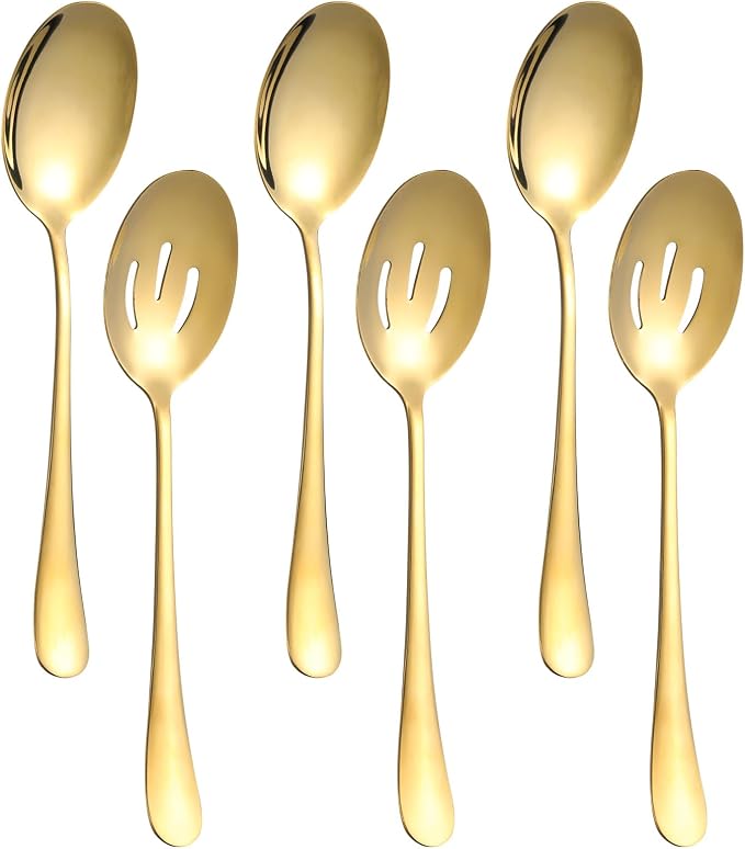 24-Piece Serving Set, 12 Serve Spoon & 12 Slotted Spoon, 8.7-Inch Stainless Steel Banquet Spoons, Large Utensils for Kitchen, Gold