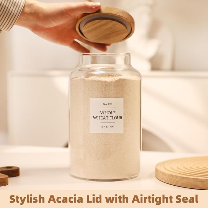 2 Pack Large Glass Flour and Sugar Storage Containers with Airtight Acacia Lids and 132 Kitchen Pantey Labels Preprint - 95 LF OZ Borosilicate Glass Canister Sets for Food,Spaghetti,Cookie,Rice