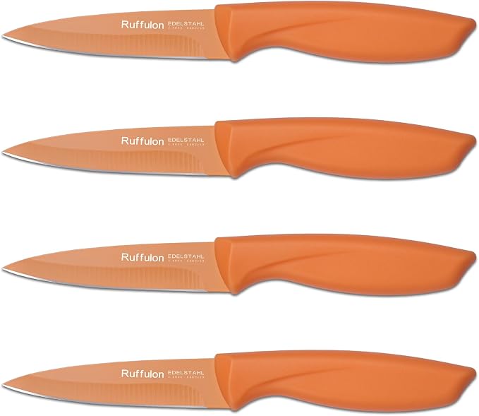 Paring Knife set of 4, 3.5-inch Orange Stainless Steel Peeler. | Straight blade with pointed tip design PP plastic ergonomic handle Specifically designed for cutting fruits and vegetables