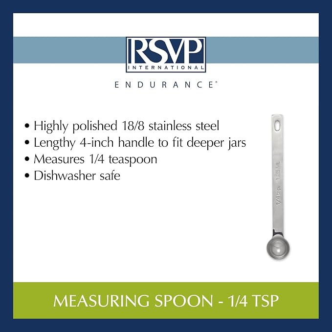 RSVP International Endurance Kitchen Collection Open Stock Measuring Spoon, Stainless Steel, Dishwasher Safe, 0.25-Teaspoon