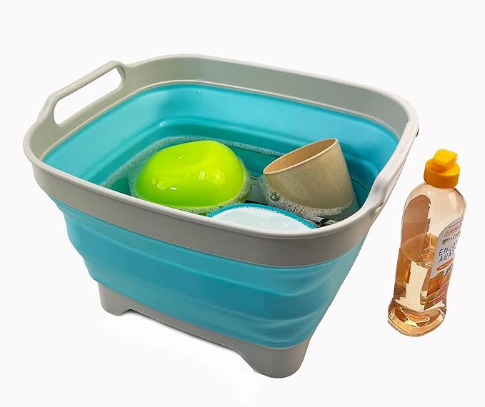 SAMMART 7.5L (2 Gallons) Collapsible Dishpan with Draining Plug - Foldable Washing Basin - Portable Dish Washing Tub - Space Saving y (Grey + Cyanine, 2)