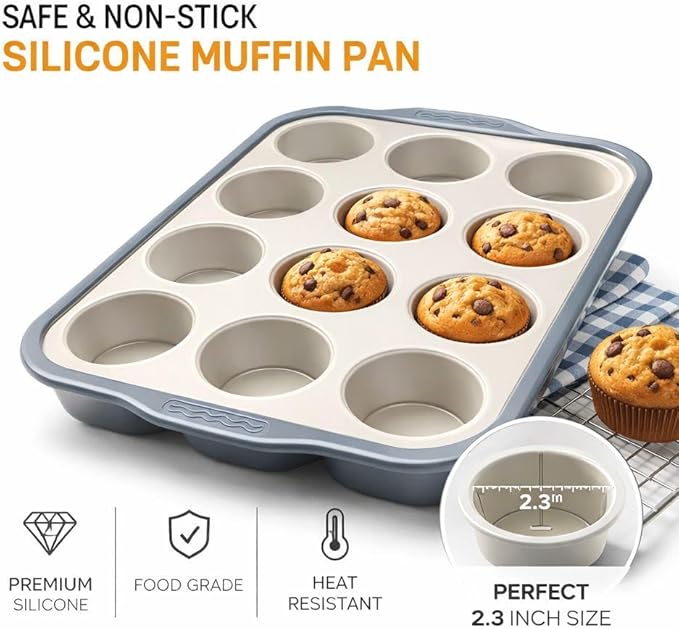 Silicone Muffin Pan 12 Cup, Non Stick Cupcake Baking Mold, Food Grade Heat Resistant Muffin Tray for Oven Baking Cupcakes (Gray)