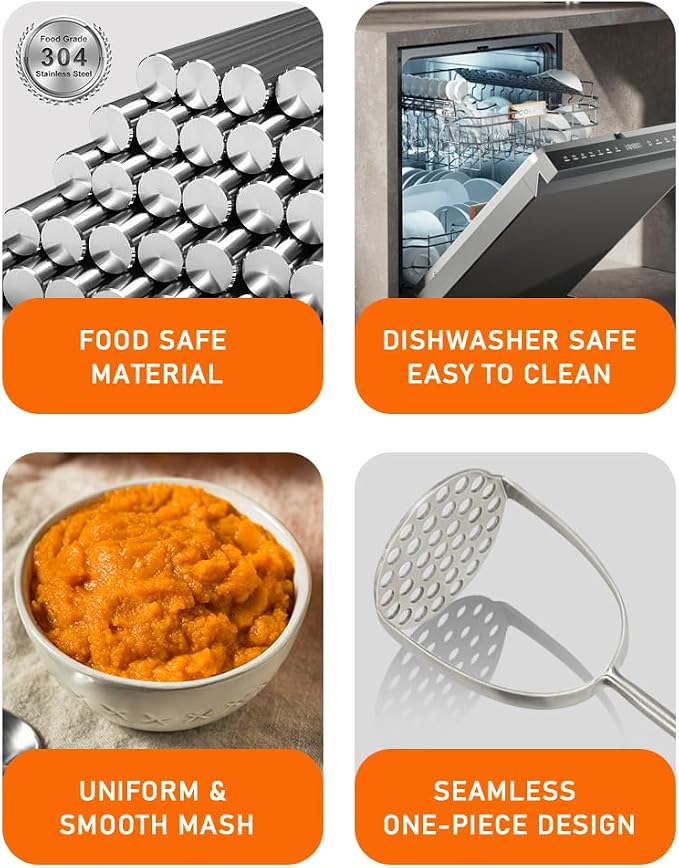 Brigii Potato Masher, Dual-Arc Stainless Steel Potato Press with Non-Slip Handle, 37-Hole One-Piece Masher for Smooth, Lump-Free Mashing, Dishwasher Safe