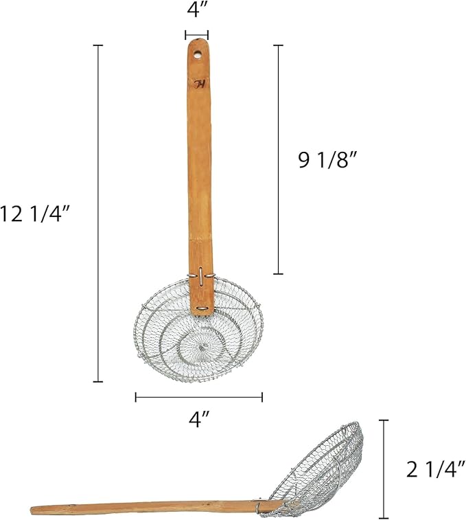 TrueCraftware- 4” Fine Mesh Skimmer Galvanized Steel with Natural Bamboo Handle- Spider Strainer Ladle Kitchen Frying Food Pasta Spaghetti for Cooking and Frying Pasta Strainer Spoon
