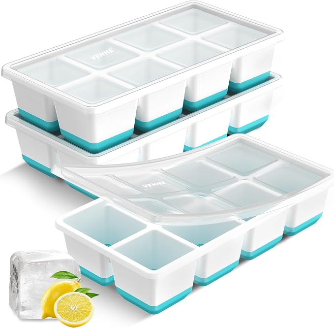 VEHHE Large Square Ice Cube Trays, 3 Pack Easy to Clean Ice Molds with Lid, Easy Release and Flexible Silicone 24-Ice Cube Molds (Blue)