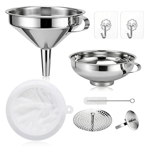 Stainless Steel 2 Pack Funnel Set Long Spout Funnel for Narrow Neck Bottles (Oil, Sauce) Wide Mouth Funnel for Mason Jars, Canning with 200μm Fine Mesh Strainer & Removable Filters (Small Set)