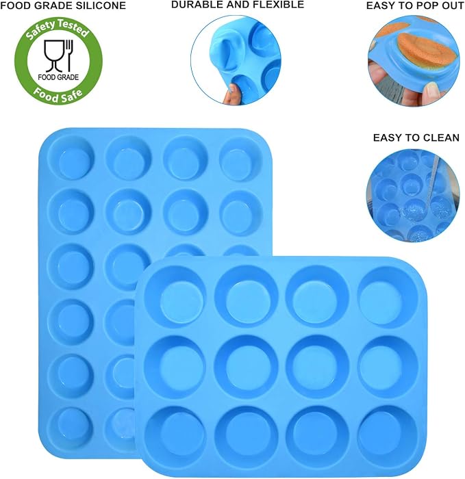 Silicone Muffin Pan Cupcake Set,Non-Stick 12 Cups and Mini 24 Cups | Silicone Baking Molds ,BPA Free Muffin Tin with 1 Spatula & 1 Oil Brush,BPA-Free,Dishwasher-Safe(blue)