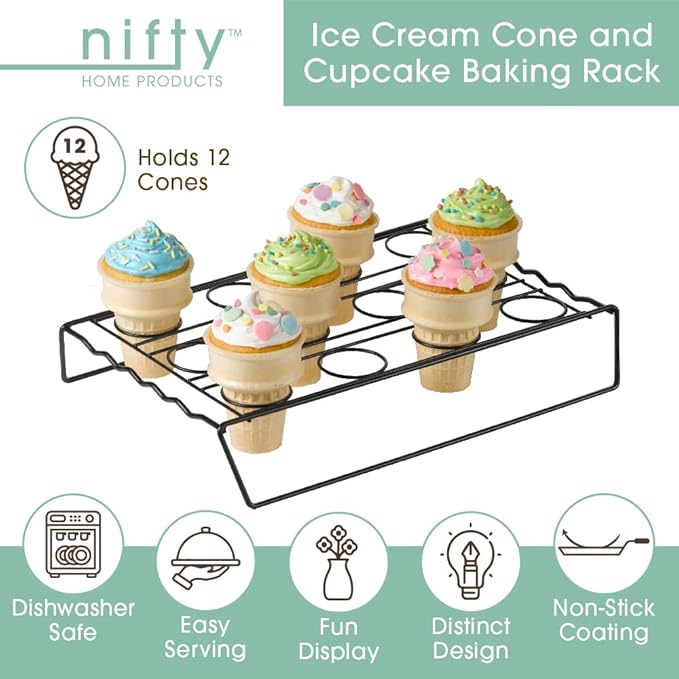Nifty Ice Cream Cone Cupcake Baking Rack – Holds up to 12 Medium & Large Cupcake Cones, Non-Stick, Dishwasher Safe, Use for Baking, Cooling & Serving Treats
