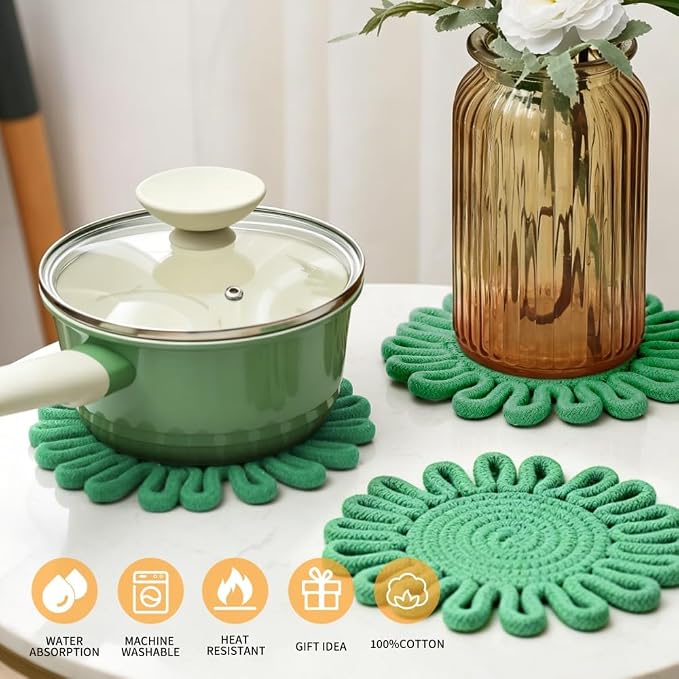 Kitchen Trivets for Hot Dishes Potholders for Countertop Hot Pads Hot Mats or Trivets for Hot Pots and Pans Home Essentials Boho Farmhouse Kitchen Decor Set of 3, 100% Cotton,7.5" (Grass Green)