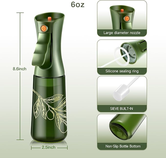 Glass Olive Oil Sprayer for Cooking 7.5 oz (Olive Green & Gold) | Oil Mister, Kitchen Refillable Continuous Oil Spray Bottle for Air Fryer, Portion Control, Leak Proof