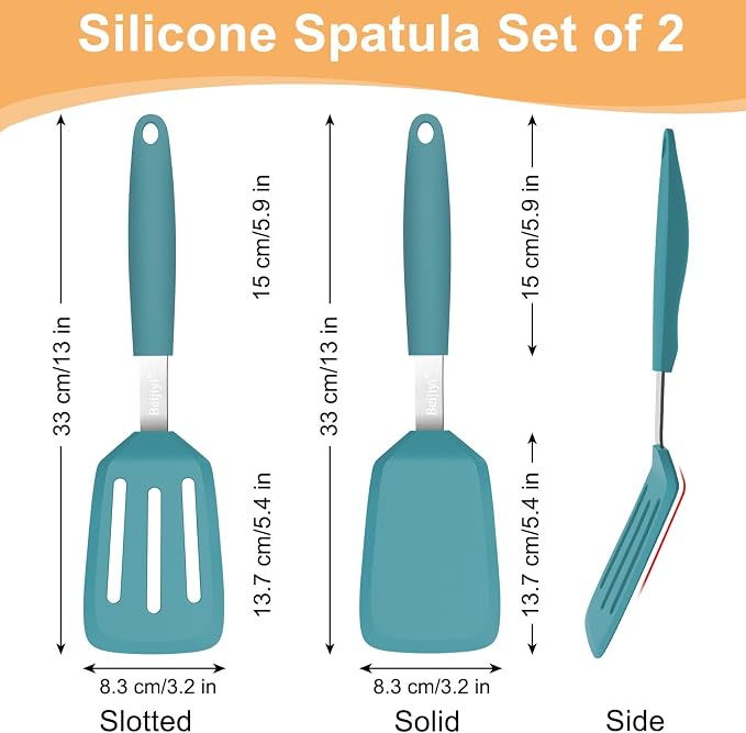 Beijiyi 2 Pack Silicone Spatula Set, Heat Resistant, for Nonstick Cookware | Flipping & Cooking, BPA Free, Flexible, Solid & Slotted Turner, Non-Toxic Kitchen Utensils, Non Scratch, Dishwasher Safe