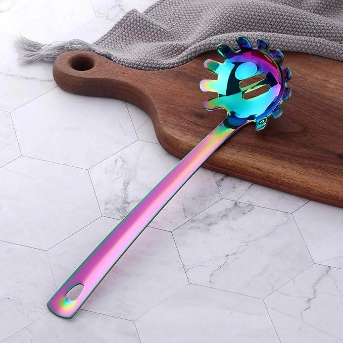 BuyGo Rainbow Spaghetti Server, Stainless Steel Pasta Fork with Flat Handle, Metal Pasta Server for Kitchen or Restaurant, 11.81 inches Length