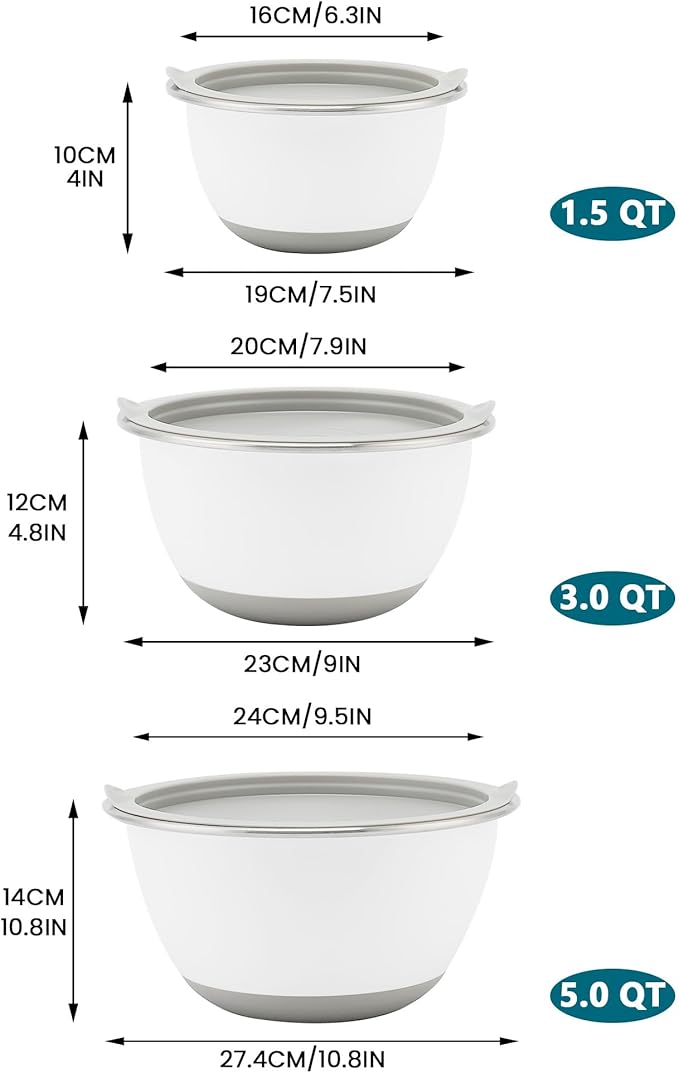 Rorence Mixing Bowls Set with Lids, 18/8 Stainless Steel Mixing Bowls with Non-Slip Silicone Base & Measurement Marks, Airtight Food Storage for Baking, Cooking & Meal Prep,1.5QT/3QT/5QT/White