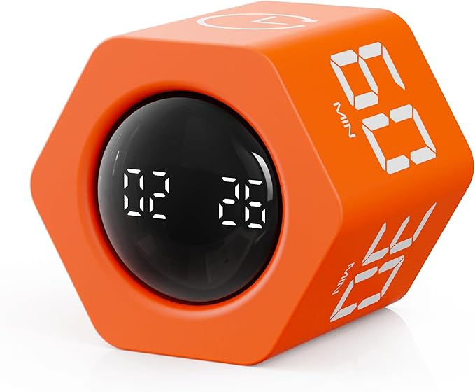 Productivity Timer 1, 5, 10, 30, 60 Minutes Preset, Desk Cube Timer with Gravity Sensor/Mute/Vibration for ADHD, Work, Study, Kitchen, Back to School (Luxe Orange)