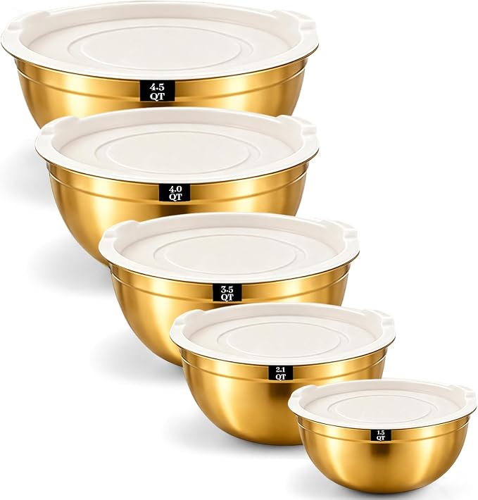 5-Piece Gold Stainless Steel Mixing Bowls with White Lids, Nesting Mixing Bowl Set in 1.5, 2.1, 3.5, 4 and 4.5 QT Sizes for Baking, Cooking, Meal Prep, Salad, Everyday Kitchen Use and Food Prep