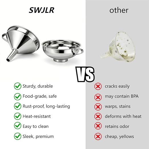 Stainless Steel 2 Pack Funnel Set Long Spout Funnel for Narrow Neck Bottles (Oil, Sauce) Wide Mouth Funnel for Mason Jars, Canning with 200μm Fine Mesh Strainer & Removable Filters (Large Set)