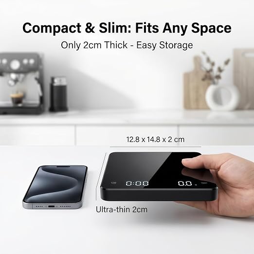 Partyreal Digital Kitchen Coffee Scale, Slim Scale with Tare, g/oz/ml Units, Backlit Display, USB-C Rechargeable (Cable Included) + AAA Backup Power Black