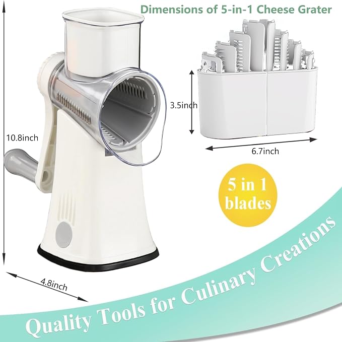 Rotary Cheese Grater: 5 in 1 Cheese Grater with Handle Vegetable Slicer with 5 Interchangeable Blades, Storage Box, Green Cheese Shredder with Strong Suction Base for Kitchen (White)