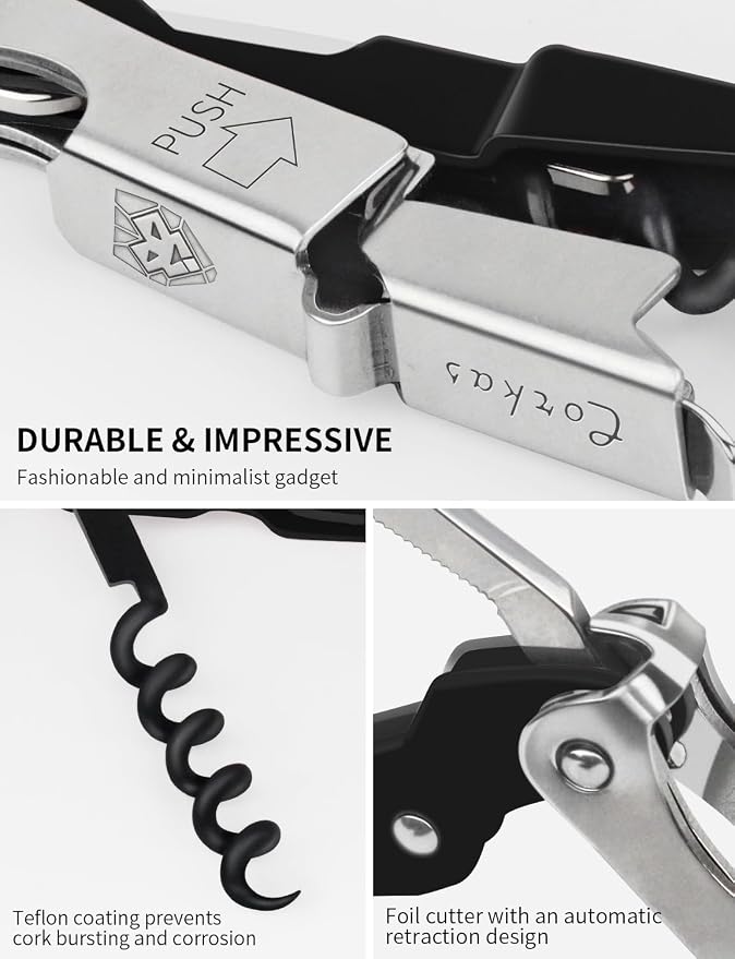 CORKAS Wine Key - Professional Handcrafted Heavy Duty Waiter Corkscrew, Compact Wine Opener with Double Hinged, Foil Cutter and Bottle Opener, Gifts for Servers, Sommelier, Bartenders - Black