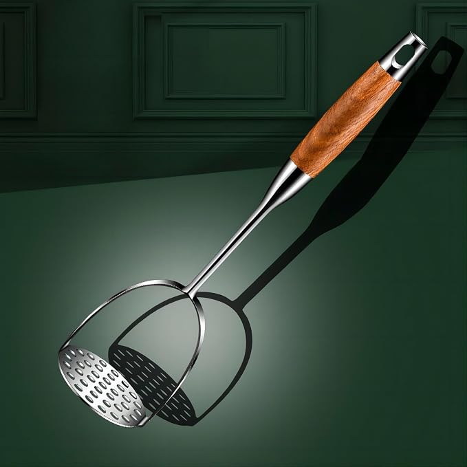 REDANT 13.5" Stainless Steel Potato Masher with Wooden Handle - Heavy Duty Metal Masher for Mashed Potatoes, Avocado, Beans & Sweet Potato - Commercial & Home Kitchen Utensil (Dishwasher Safe)