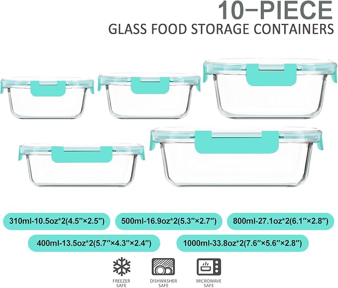 M MCIRCO 10 Pack Glass Food Storage Container with Lids, Green | Glass Meal Prep Containers with Lids, Airtight Lunch Bento Boxes,Microwave, Oven, Freezer and Dishwasher Friendly, BPA Free