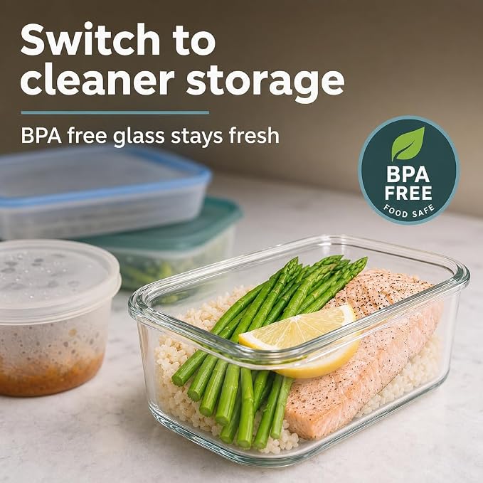 Glass Food Storage Containers, 4pk-28oz, Transparent Lids | Locking Lids, Meal Prep Containers, 1 Compartment, BPA Free and Dishwasher Safe