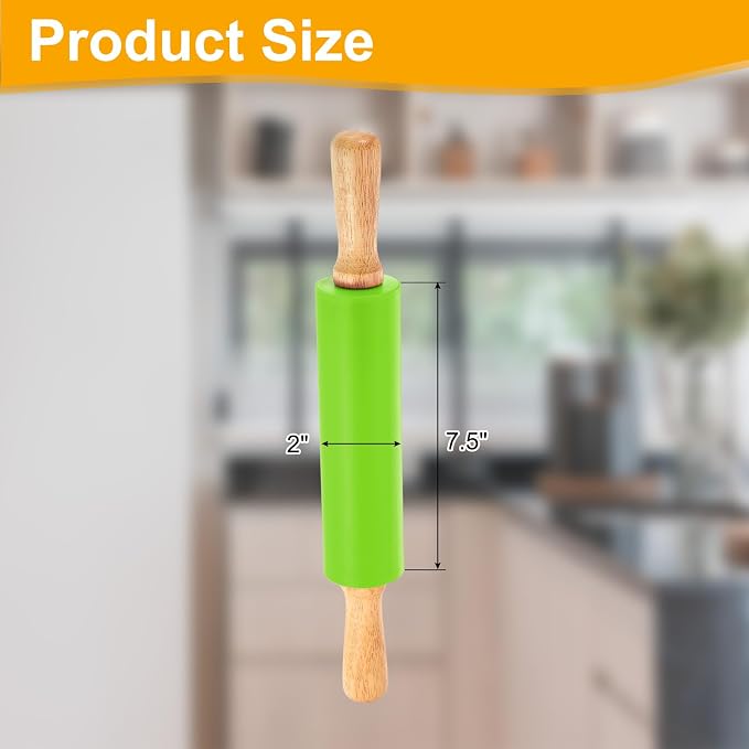 uxcell 7.5 Inch Silicone Rolling Pin, Small Dough Roller with Wood Handle for Pizza Pastry Fondant Kitchen, Green