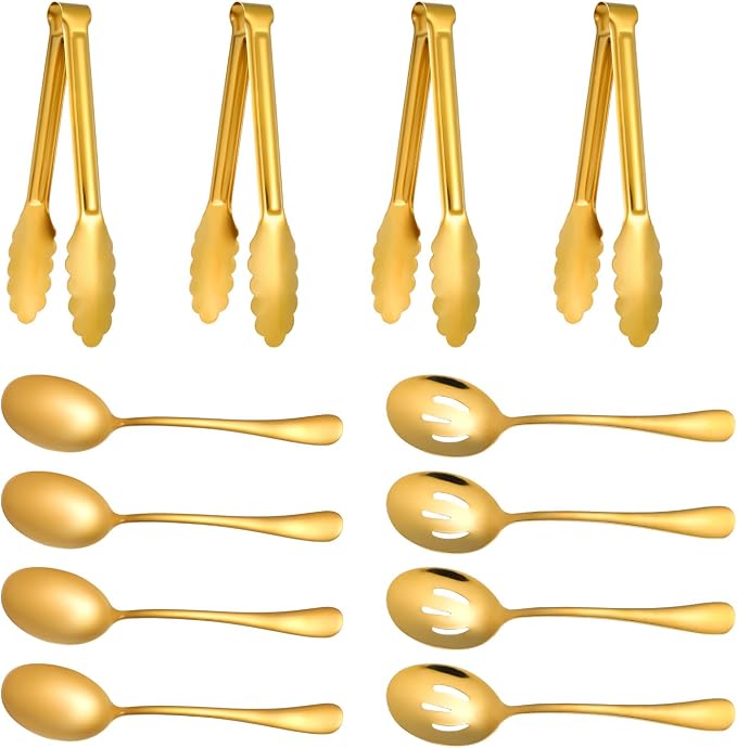 12 PCS Gold Stainless Steel Serving Utensils Sets - Large Serving Spoons,Slotted Spoons,Serving Tongs,Appetizer Tongs,Utensils Sets for Buffet Catering Banquet Party (Gold)