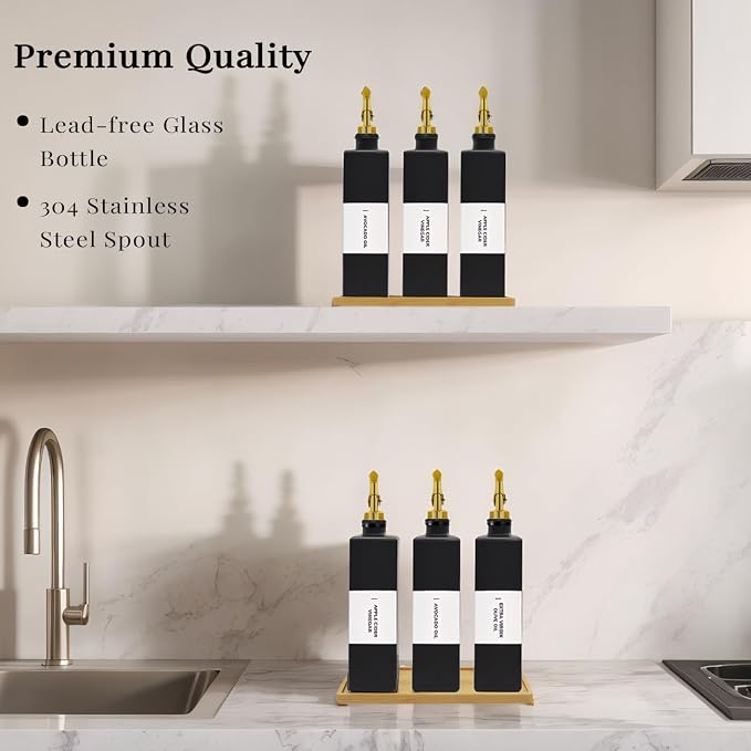 Olive Oil Dispenser Bottle for Kitchen with Bamboo Tray- Glass Oil and Vinegar Dispenser Set 16.9oz, Soy Sauce & Syrup Bottle, Modern Hostess Gift (Black, 16.9oz, Set of 3)