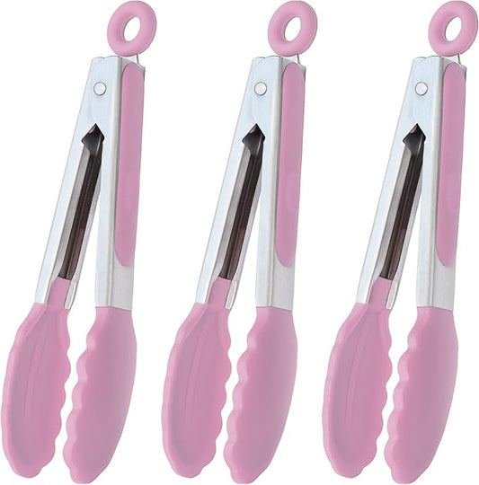 HINMAY Small Serving Tongs with Silicone Tips 7-Inch Mini Tongs, Set of 3 (Pink)